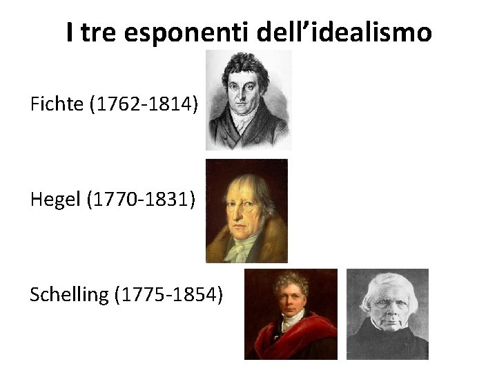 I tre esponenti dell’idealismo Fichte (1762 -1814) Hegel (1770 -1831) Schelling (1775 -1854) 