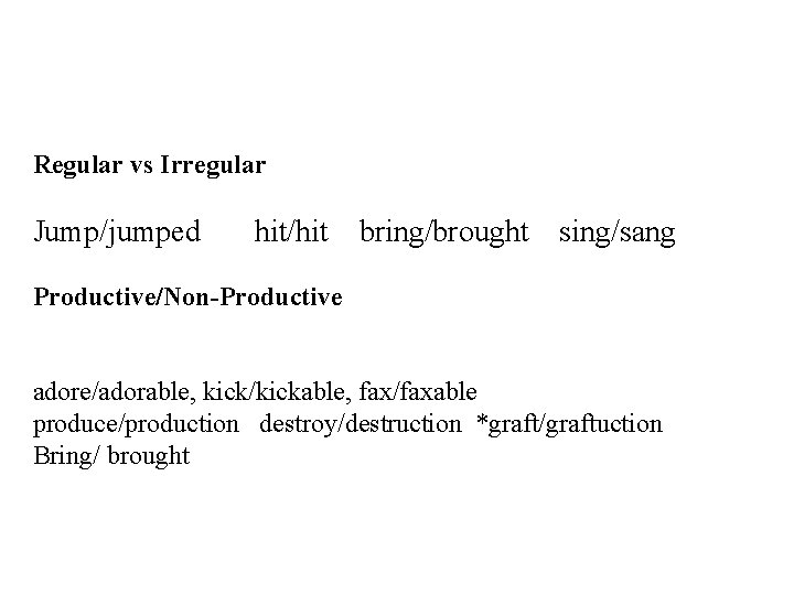 Regular vs Irregular Jump/jumped hit/hit bring/brought sing/sang Productive/Non-Productive adore/adorable, kick/kickable, fax/faxable produce/production destroy/destruction *graft/graftuction Regular vs Irregular Jump/jumped hit/hit bring/brought sing/sang Productive/Non-Productive adore/adorable, kick/kickable, fax/faxable produce/production destroy/destruction *graft/graftuction