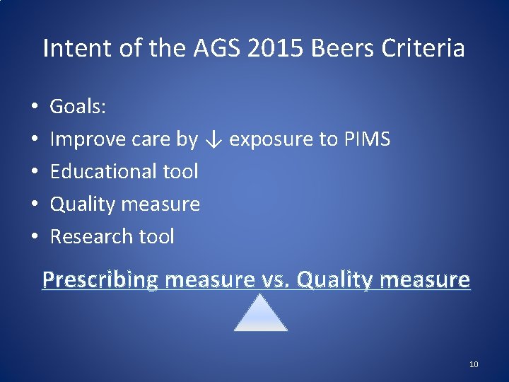 Intent of the AGS 2015 Beers Criteria • • • Goals: Improve care by
