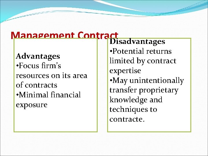 Management Contract Disadvantages Advantages • Focus firm’s resources on its area of contracts •