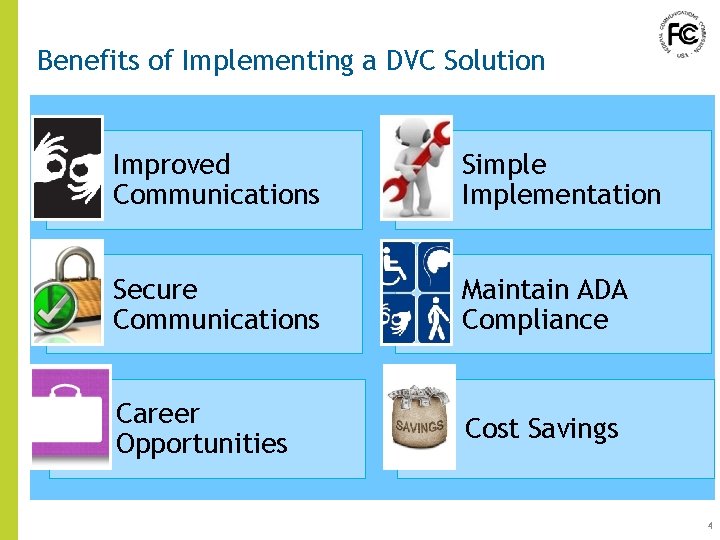Benefits of Implementing a DVC Solution Improved Communications Simple Implementation Secure Communications Maintain ADA Benefits of Implementing a DVC Solution Improved Communications Simple Implementation Secure Communications Maintain ADA
