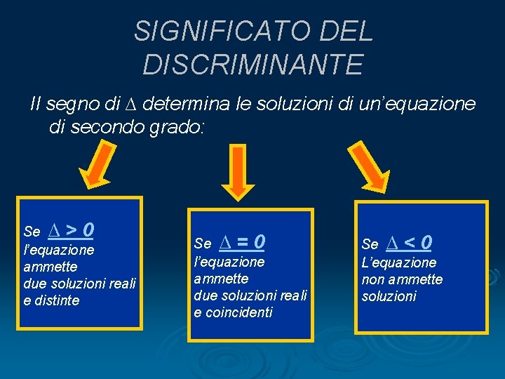 SIGNIFICATO DEL DISCRIMINANTE Il segno di ∆ determina le soluzioni di un’equazione di secondo