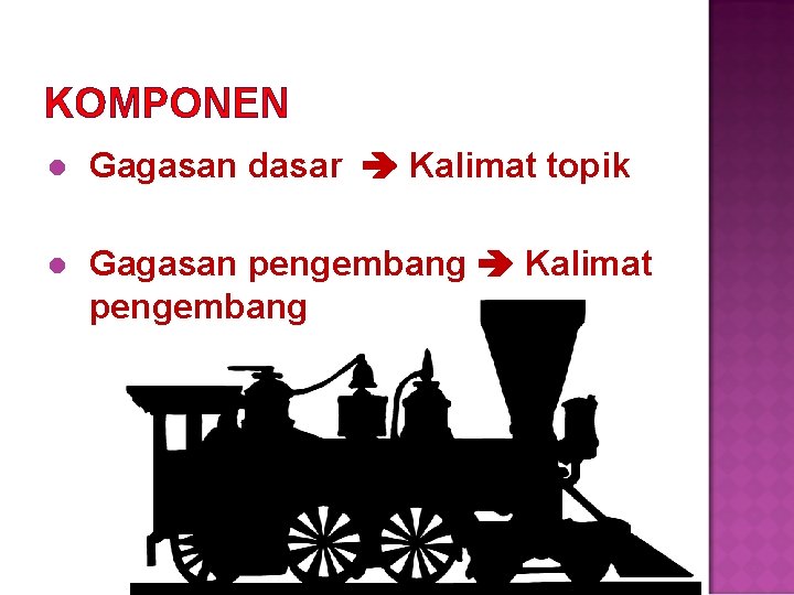 KOMPONEN l Gagasan dasar Kalimat topik l Gagasan pengembang Kalimat pengembang 