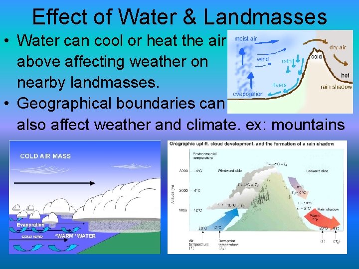 Effect of Water & Landmasses • Water can cool or heat the air above