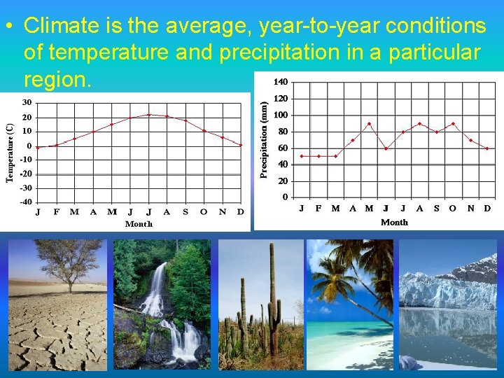  • Climate is the average, year-to-year conditions of temperature and precipitation in a