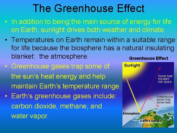 The Greenhouse Effect • In addition to being the main source of energy for