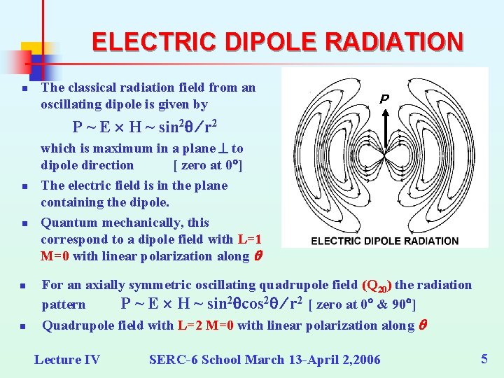 ELECTRIC DIPOLE RADIATION n The classical radiation field from an oscillating dipole is given