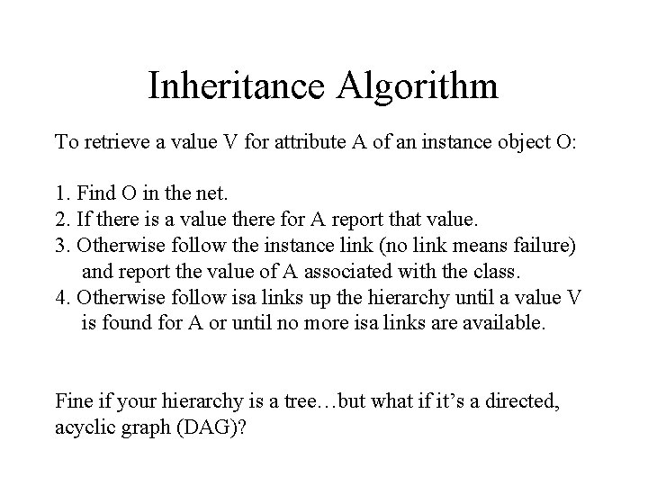 Inheritance Algorithm To retrieve a value V for attribute A of an instance object