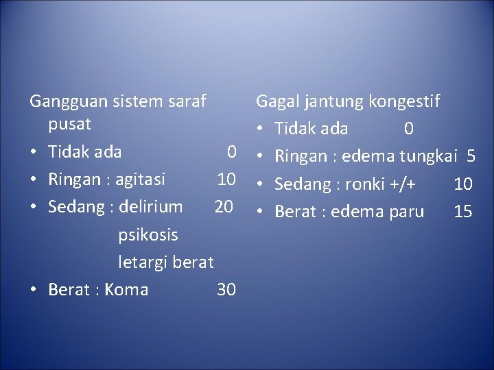Gangguan sistem saraf pusat • Tidak ada 0 • Ringan : agitasi 10 • Gangguan sistem saraf pusat • Tidak ada 0 • Ringan : agitasi 10 •