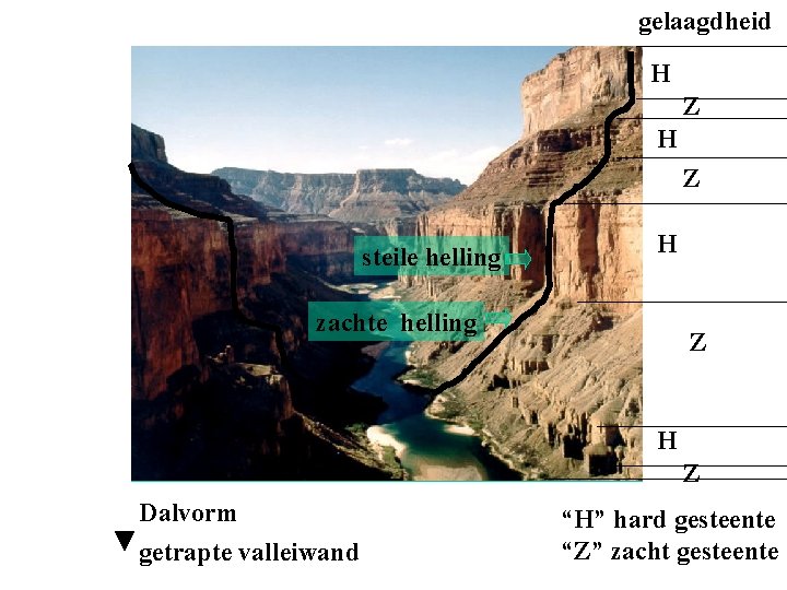 gelaagdheid H Z steile helling H zachte helling Z H Z Dalvorm getrapte valleiwand