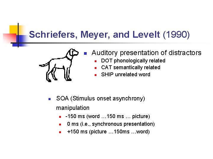 Schriefers, Meyer, and Levelt (1990) n Auditory presentation of distractors n n DOT phonologically