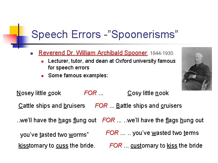 Speech Errors -”Spoonerisms” n Reverend Dr. William Archibald Spooner, 1844 -1930. n n Lecturer,