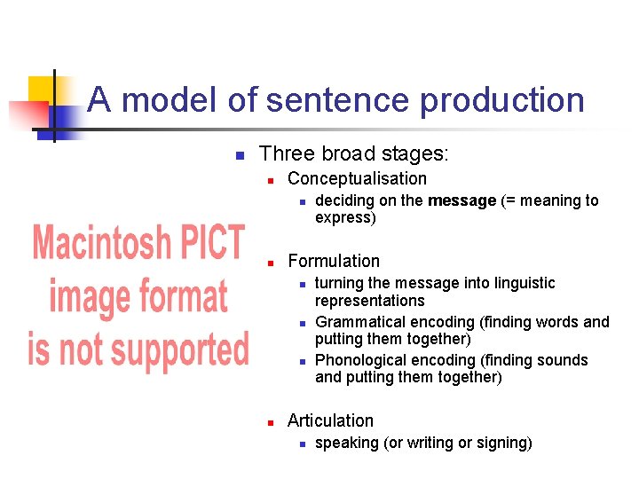 A model of sentence production n Three broad stages: n Conceptualisation n n Formulation