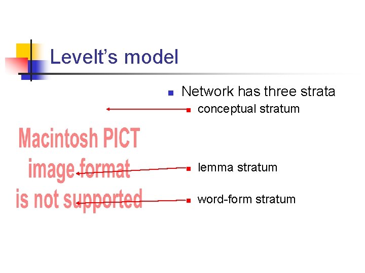 Levelt’s model n Network has three strata n conceptual stratum n lemma stratum n
