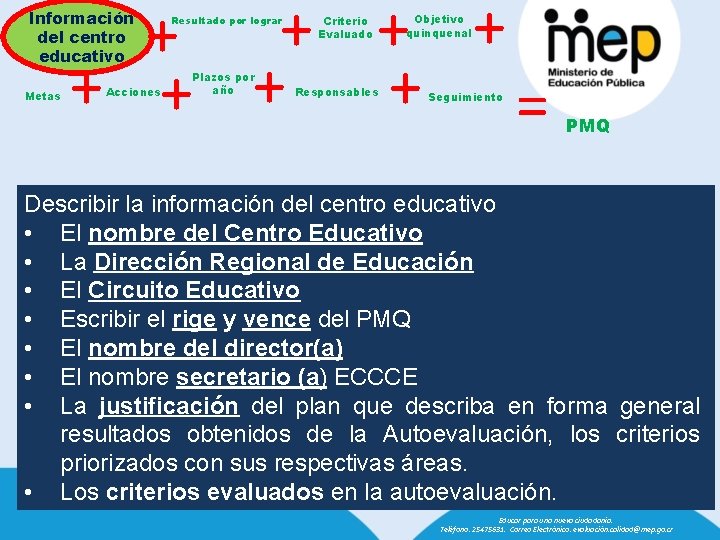 + + + + = Información del centro educativo Metas Acciones Resultado por lograr