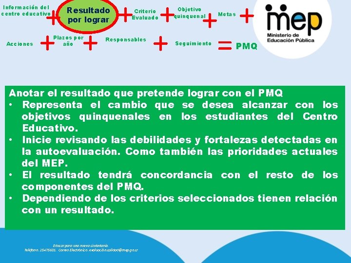 + + + + = Información del centro educativo Acciones Resultado por lograr Plazos