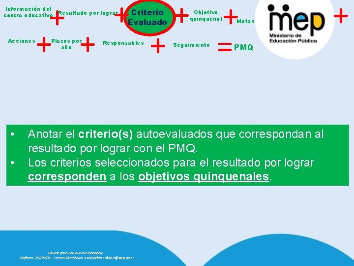 + + + + = Información del centro educativo Resultado por lograr Acciones •