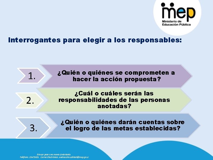 Interrogantes para elegir a los responsables: 1. ¿Quién o quiénes se comprometen a hacer