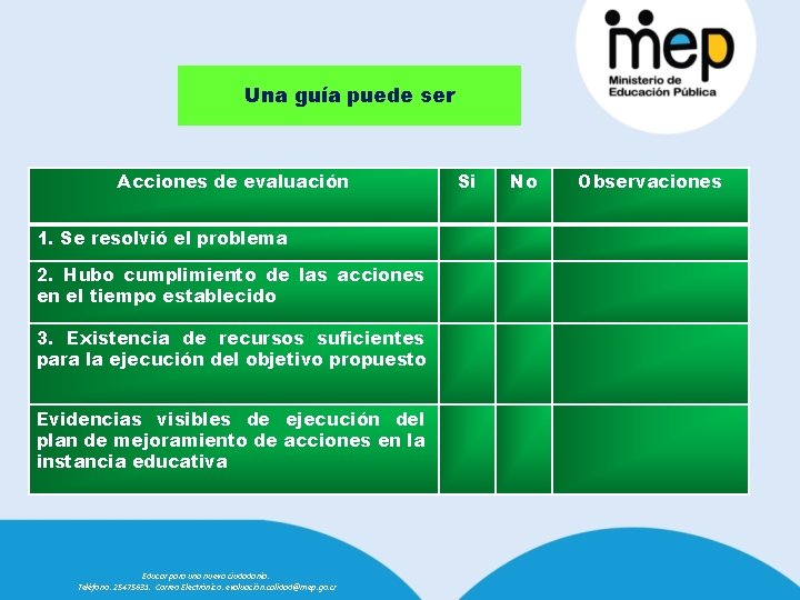 Una guía puede ser Acciones de evaluación Si No Observaciones 1. Se resolvió el