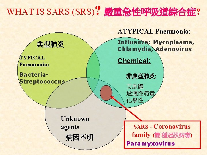 WHAT IS SARS (SRS)? 嚴重急性呼吸道綜合症? ATYPICAL Pneumonia: 典型肺炎 TYPICAL Pneumonia: Influenza: Mycoplasma, Chlamydia, Adenovirus