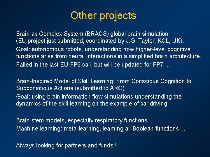 Other projects Brain as Complex System (BRACS) global brain simulation (EU project just submitted,