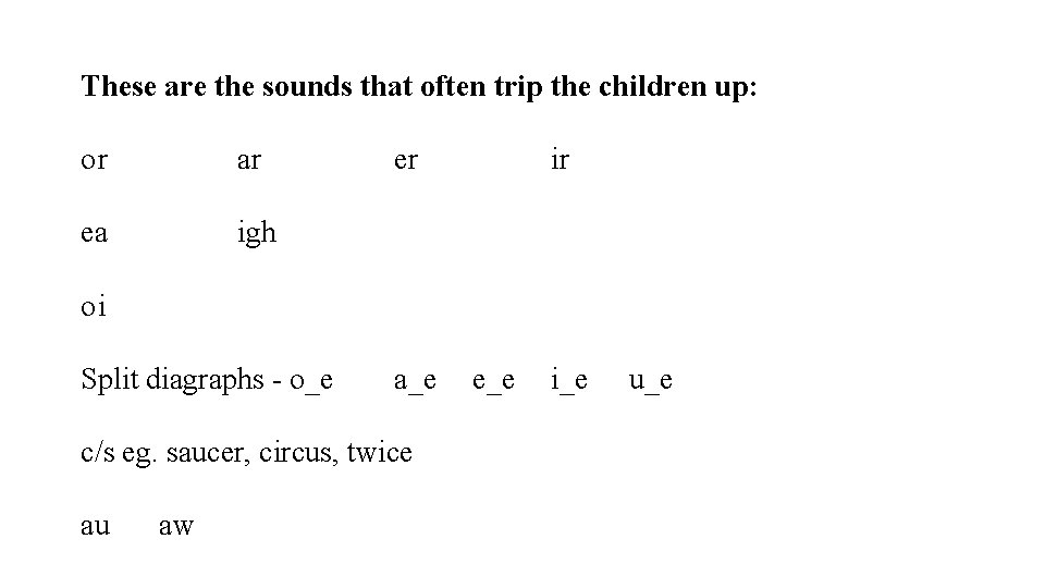 These are the sounds that often trip the children up: or ar ea igh