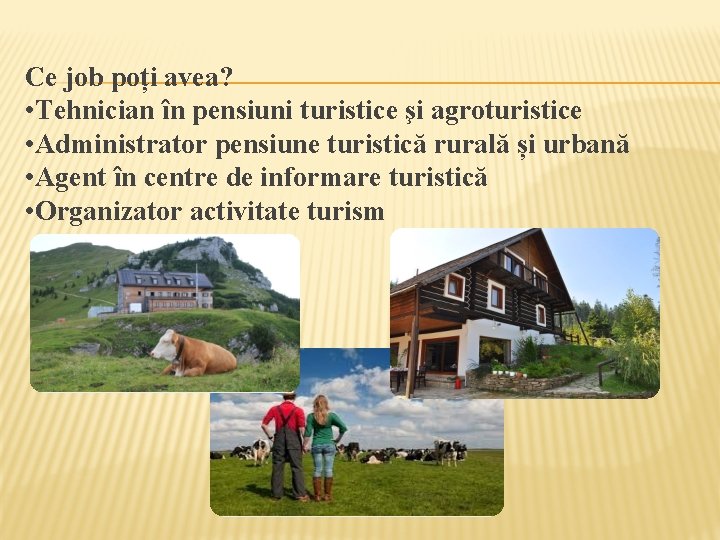 Ce job poți avea? • Tehnician în pensiuni turistice şi agroturistice • Administrator pensiune