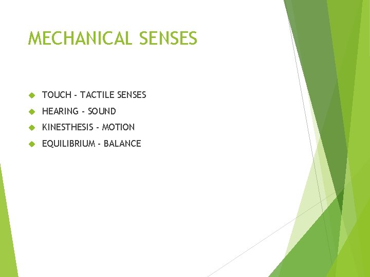 MECHANICAL SENSES TOUCH - TACTILE SENSES HEARING - SOUND KINESTHESIS - MOTION EQUILIBRIUM -