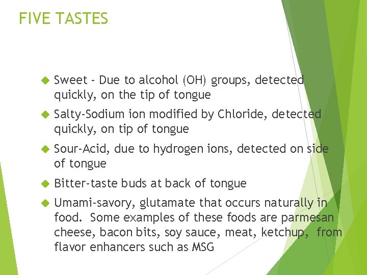 FIVE TASTES Sweet - Due to alcohol (OH) groups, detected quickly, on the tip