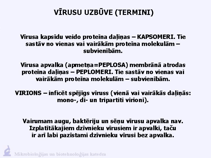 VĪRUSU UZBŪVE (TERMINI) Vīrusa kapsīdu veido proteīna daļiņas – KAPSOMERI. Tie sastāv no vienas