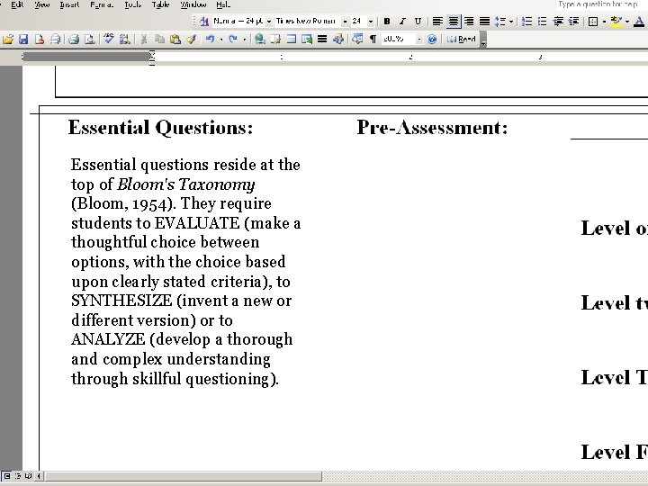 Essential questions reside at the top of Bloom's Taxonomy (Bloom, 1954). They require students