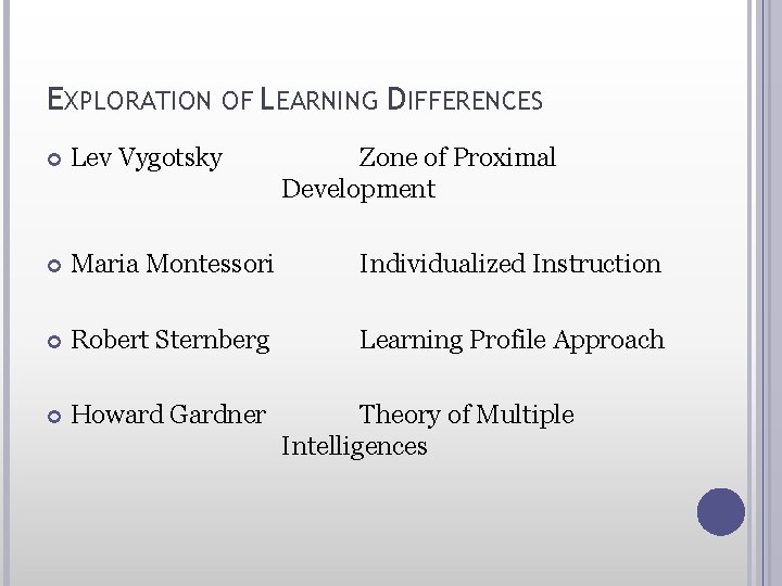 EXPLORATION OF LEARNING DIFFERENCES Lev Vygotsky Zone of Proximal Development Maria Montessori Individualized Instruction