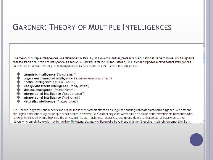 GARDNER: THEORY OF MULTIPLE INTELLIGENCES 