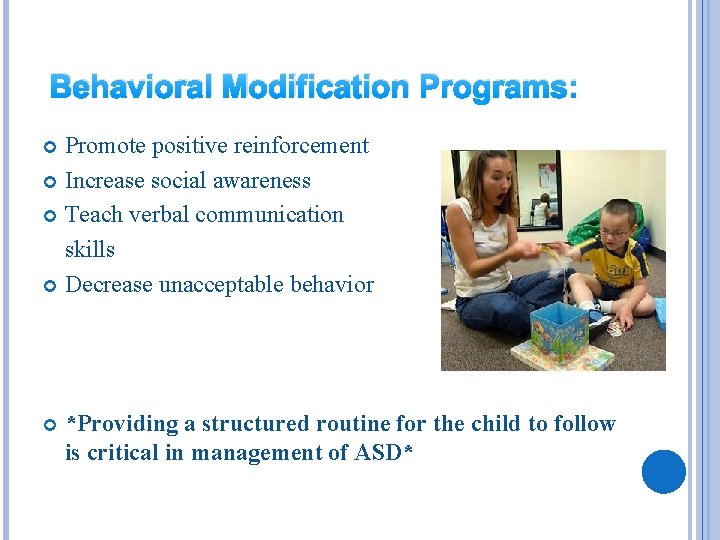 Behavioral Modification Programs: Promote positive reinforcement Increase social awareness Teach verbal communication skills Decrease