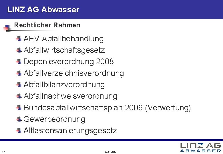 LINZ AG Abwasser Rechtlicher Rahmen AEV Abfallbehandlung Abfallwirtschaftsgesetz Deponieverordnung 2008 Abfallverzeichnisverordnung Abfallbilanzverordnung Abfallnachweisverordnung Bundesabfallwirtschaftsplan