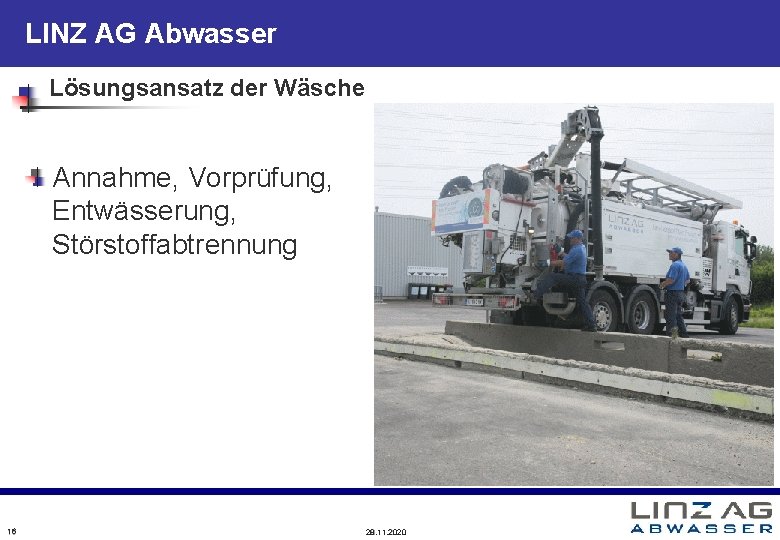 LINZ AG Abwasser Lösungsansatz der Wäsche Annahme, Vorprüfung, Entwässerung, Störstoffabtrennung 16 28. 11. 2020