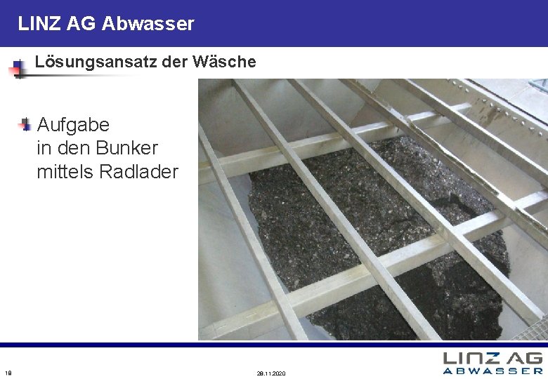 LINZ AG Abwasser Lösungsansatz der Wäsche Aufgabe in den Bunker mittels Radlader 18 28.