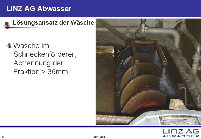 LINZ AG Abwasser Lösungsansatz der Wäsche im Schneckenförderer, Abtrennung der Fraktion > 36 mm