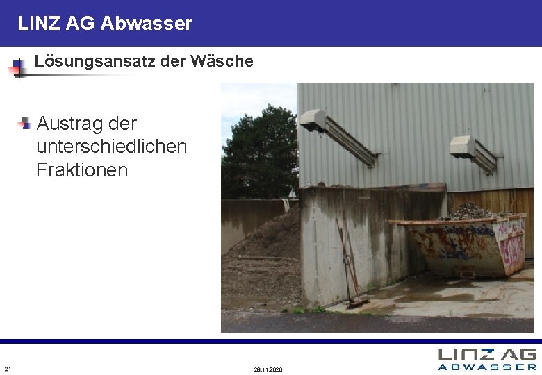 LINZ AG Abwasser Lösungsansatz der Wäsche Austrag der unterschiedlichen Fraktionen 21 28. 11. 2020 LINZ AG Abwasser Lösungsansatz der Wäsche Austrag der unterschiedlichen Fraktionen 21 28. 11. 2020