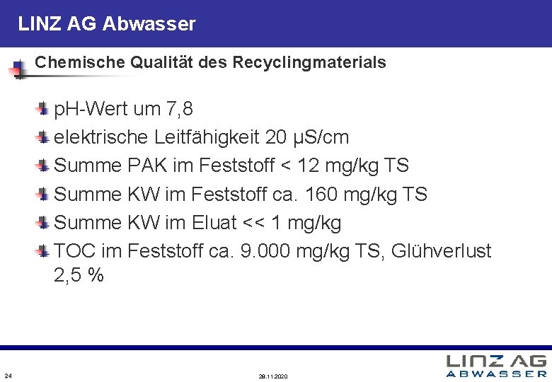 LINZ AG Abwasser Chemische Qualität des Recyclingmaterials p. H-Wert um 7, 8 elektrische Leitfähigkeit