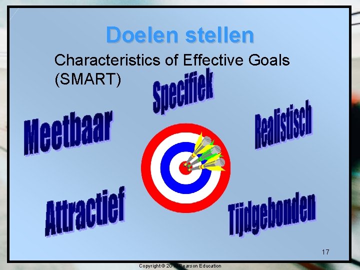 Doelen stellen Characteristics of Effective Goals (SMART) 17 Copyright © 2010 Pearson Education 