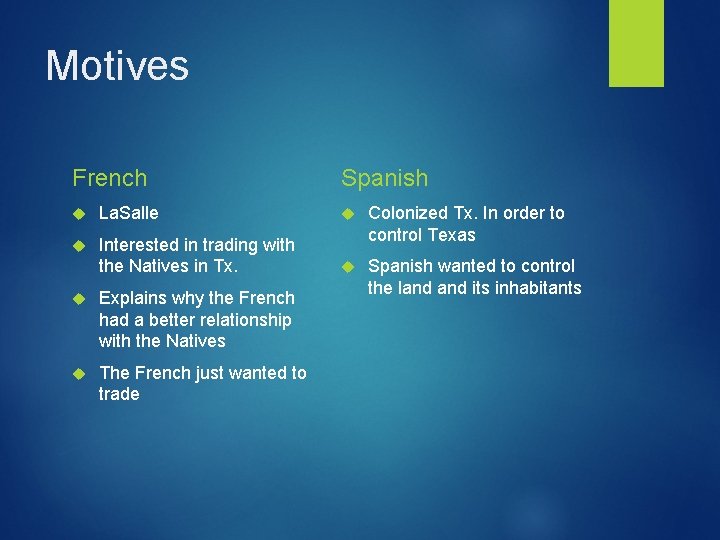 Motives French Spanish La. Salle Interested in trading with the Natives in Tx. Colonized