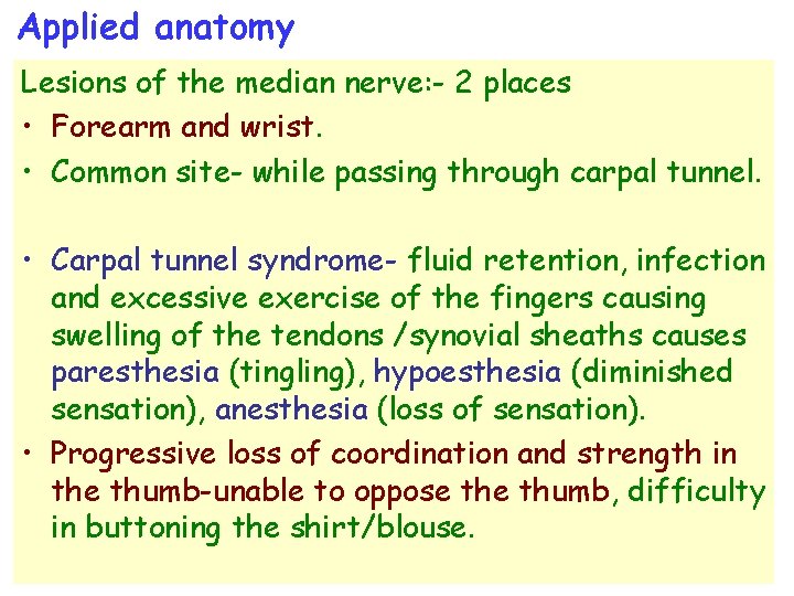 Applied anatomy Lesions of the median nerve: - 2 places • Forearm and wrist.