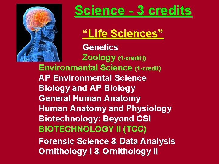 Science - 3 credits “Life Sciences” Genetics Zoology (1 -credit)) Environmental Science (1 -credit)