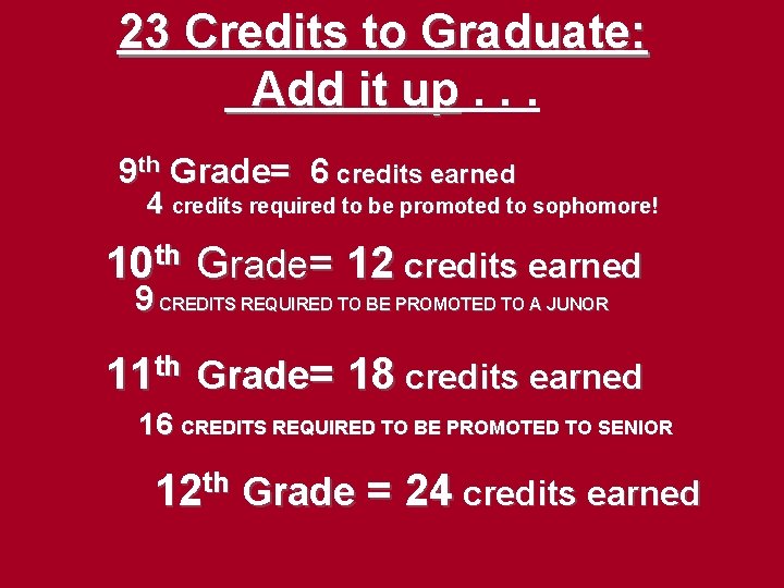 23 Credits to Graduate: Add it up. . . 9 th Grade= 6 credits