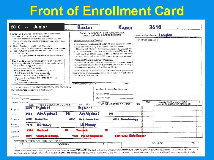 Front of Enrollment Card 2016 -- Baxter Junior Karen 3610 Langley 4173 5183 6170