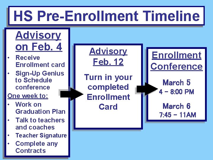 HS Pre-Enrollment Timeline Advisory on Feb. 4 • Receive Enrollment card • Sign-Up Genius