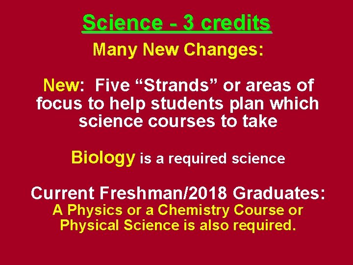 Science - 3 credits Many New Changes: New: Five “Strands” or areas of focus