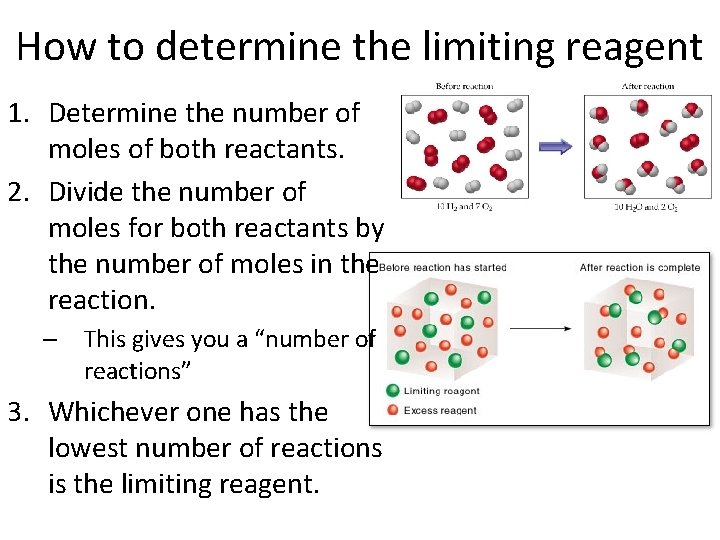 How to determine the limiting reagent 1. Determine the number of moles of both