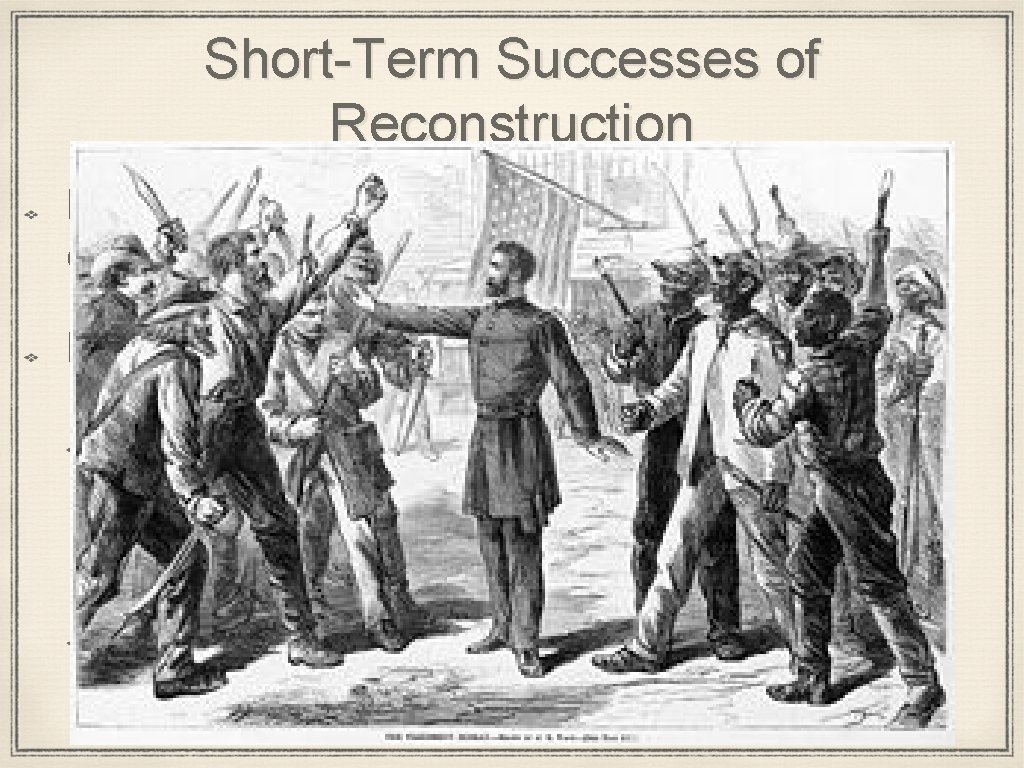 Short-Term Successes of Reconstruction Political and leadership opportunities former slaves Freedmen’s Bureau Provided food,